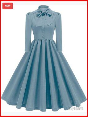 Vintage 1950s Retro 3/4 Puff Sleeve Tie Neck Swing Midi Dress